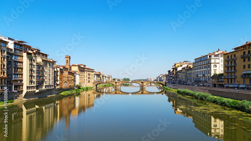 Bridge over river Arno in city Florence is called Trinity. Stone bridge of Florence, Italy, June 2017. Ponte Santa Trinita.