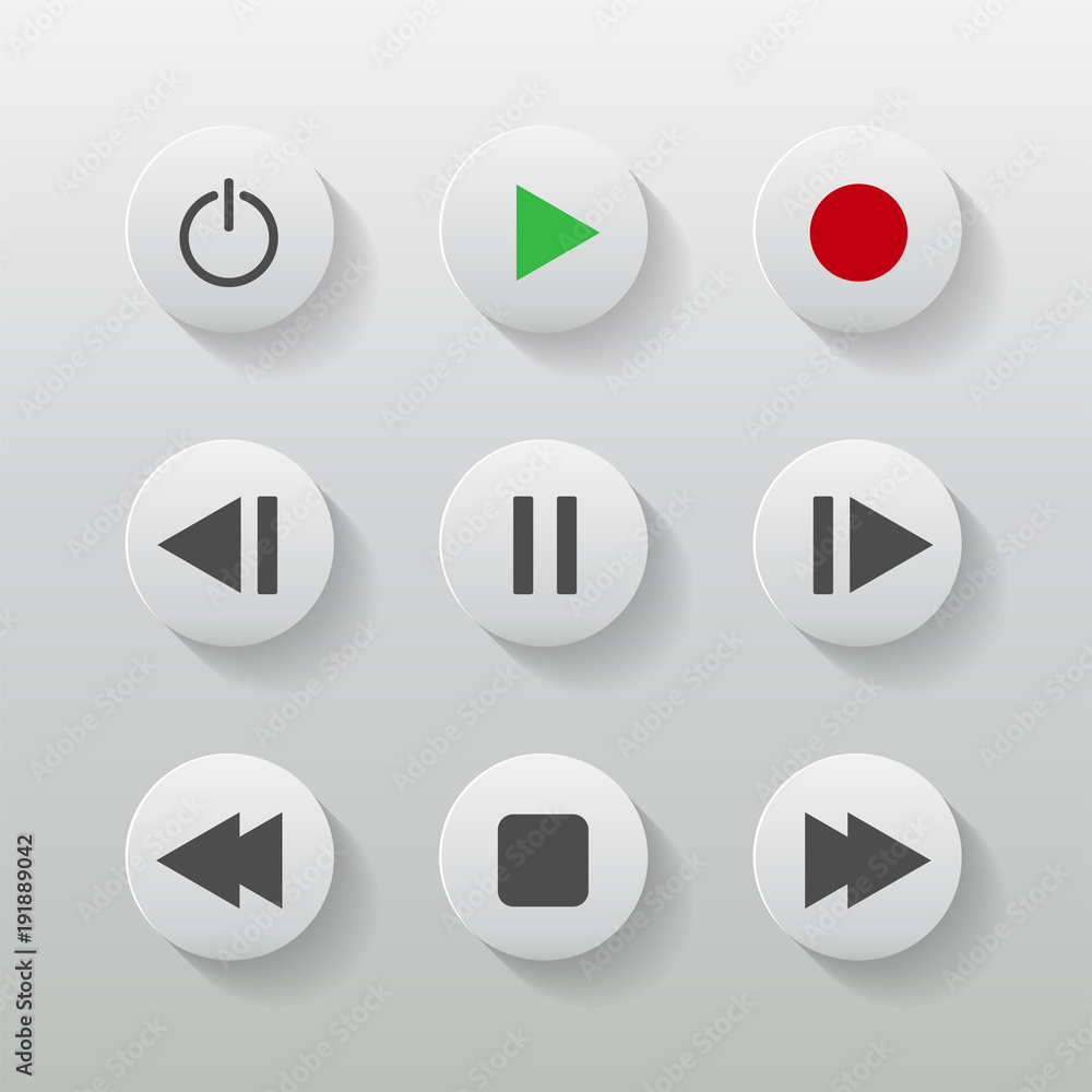 symbol icon set media player control white round buttons. symbol icon set media player control white round buttons.