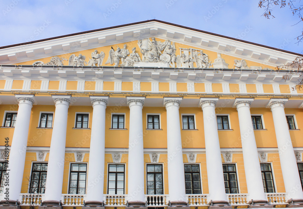 Admiralty Building Facade in St. Petersburg, Russia. Historical Pillars and Ornaments Exterior Details, Built in 1704. Famous Saint-Petersburg City Downtown Architecture, Popular Landmark Front View.