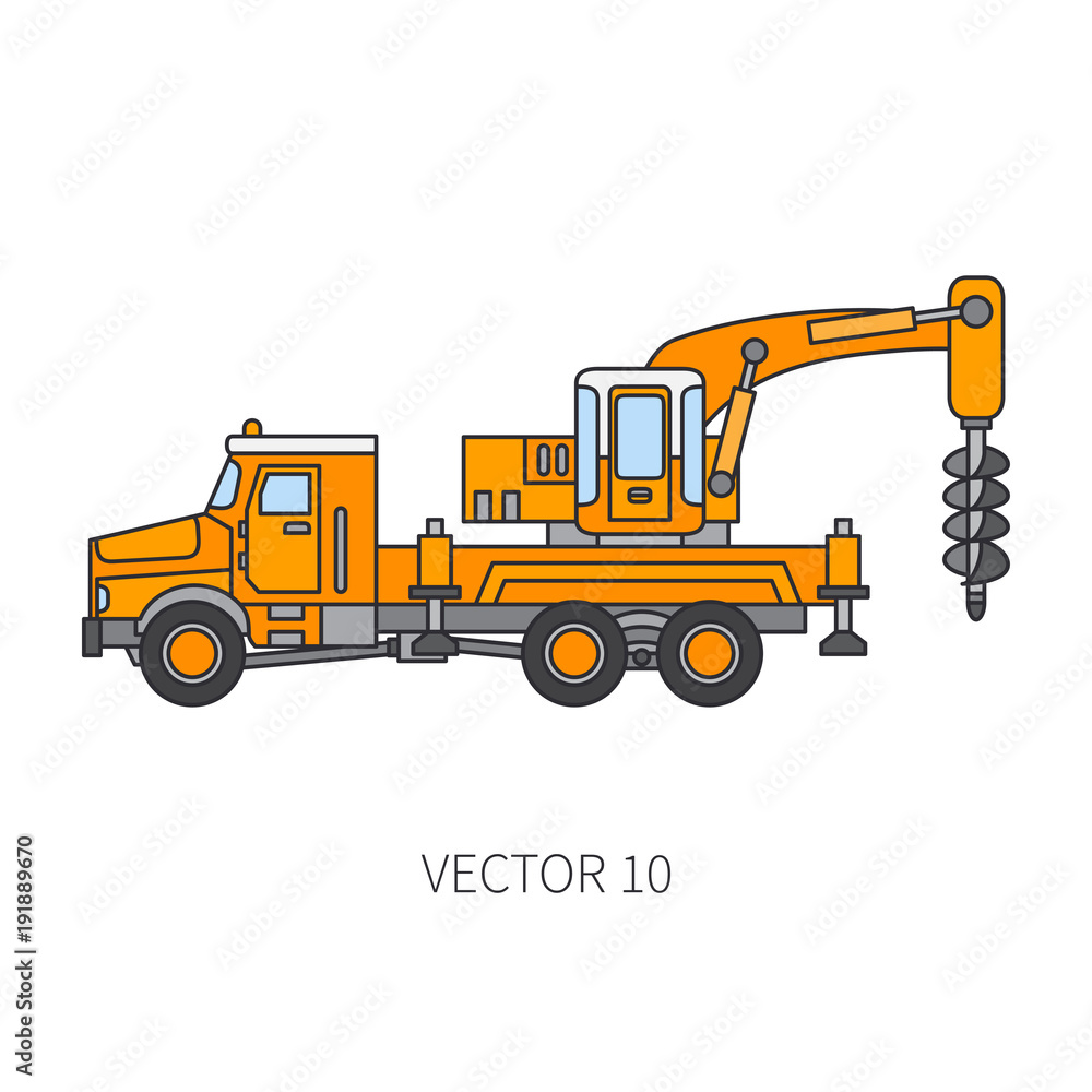 Color flat vector icon construction machinery truck boer, well. Industrial style. Corporate cargo delivery. Commercial transportation. Building. Business. Engineering. Diesel. Illustration for design.