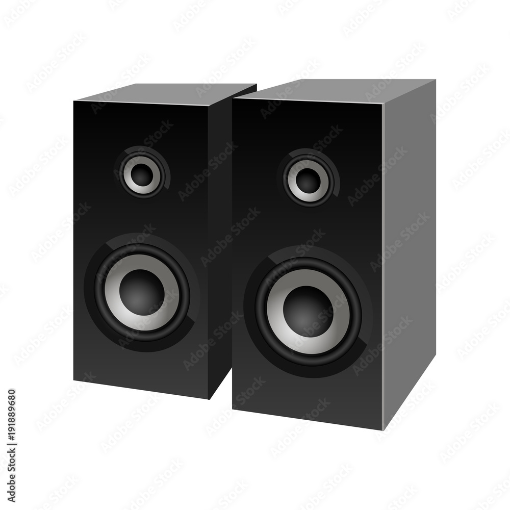 Realistic black loudspeakers perspective view. Vector. Speaker sign. Realistic black loudspeakers perspective view. Vector. Speaker sign.
