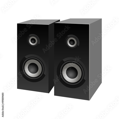 Realistic black loudspeakers perspective view. Vector. Speaker sign.