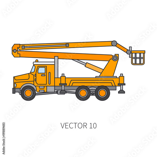 Color flat vector icon construction machinery truck auto crane. Industrial style. Corporate cargo delivery. Lift. Commercial transportation. Building business. Engineering. Diesel. Illustration design