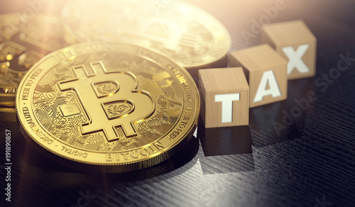 Bitcoin laying on the desk next to small wooden blocks with TAX letters. Bitcoin and taxes concept. 3D rendering