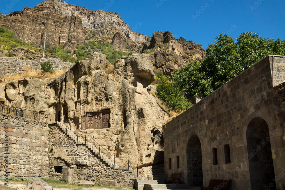 Hill with typical Armenian khachkars inside of the Geghard monastery.