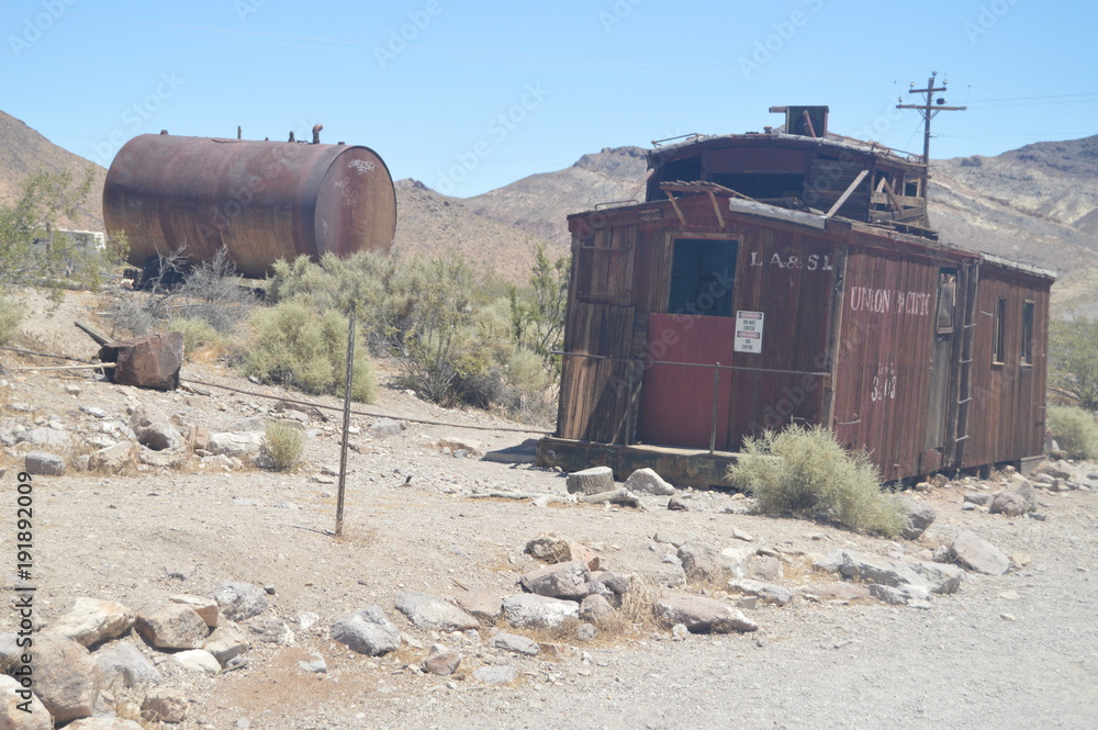 Rhyolite Abandoned Village After The Gold Rush Very Close To Death Valley. Travel holydays Geology. June 28, 2018. Death Valley California. EEUU. USA. Rhyolite Abandoned Village After The Gold Rush Very Close To Death Valley. Travel holydays Geology. June 28, 2018. Death Valley California. EEUU. USA.