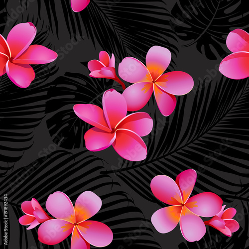 Tropical coral flowers and leaves on black background. Seamless. Vector.