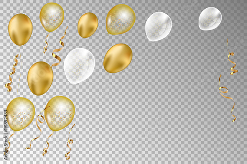 Golden Balloons and ribbons on a transparent background