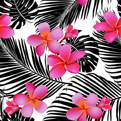 Tropical coral flowers and leaves on black and white background. Seamless. Vector.