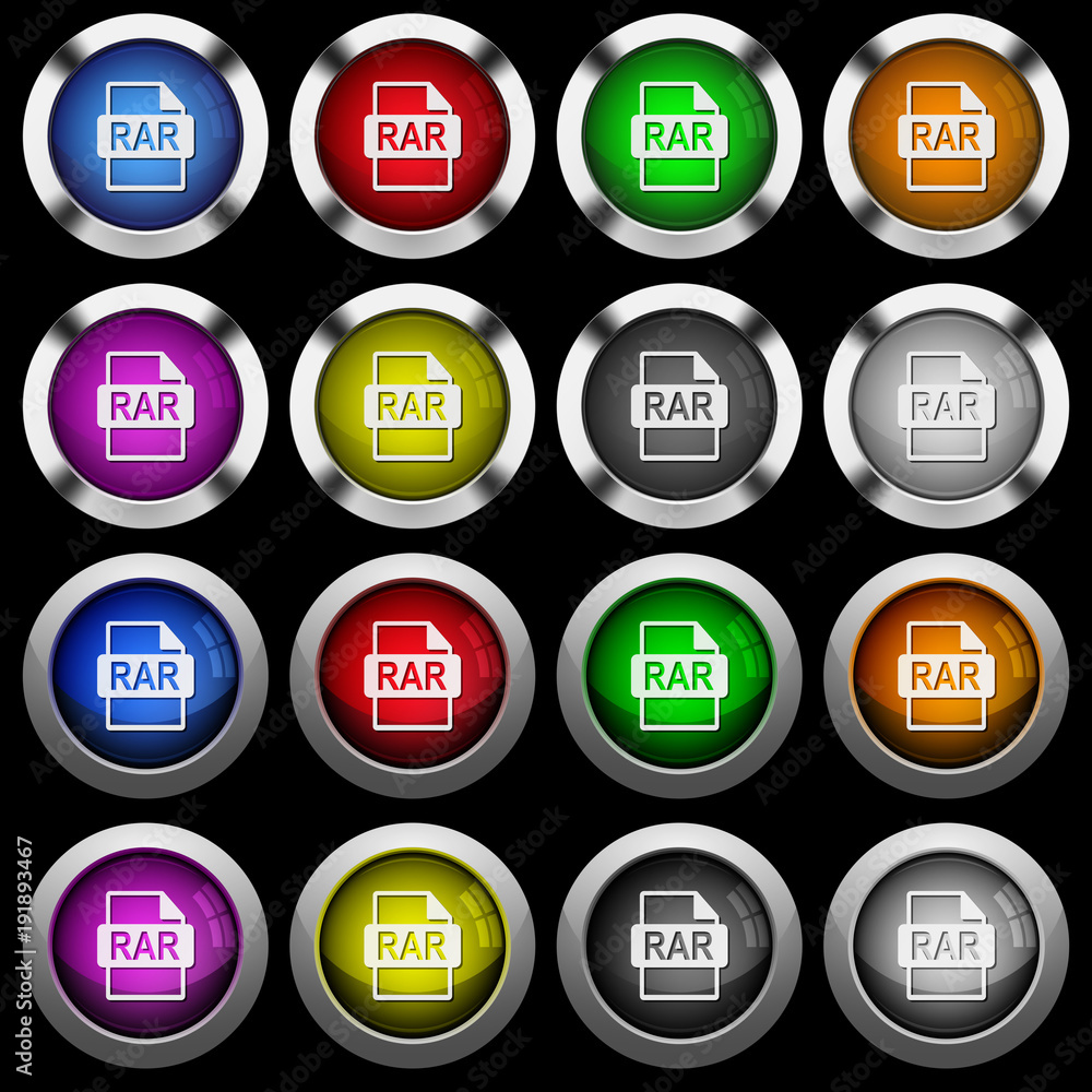 RAR file format white icons in round glossy buttons on black background