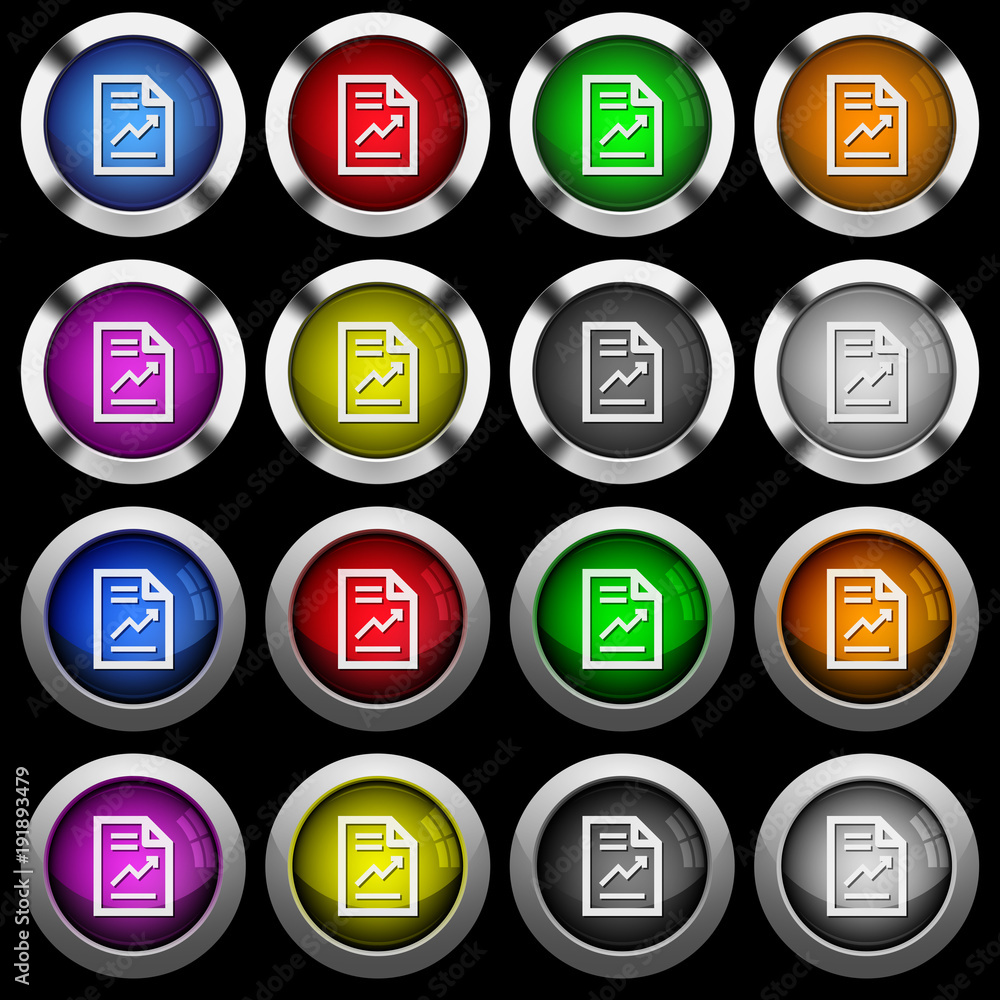Report with graph white icons in round glossy buttons on black background Report with graph white icons in round glossy buttons on black background