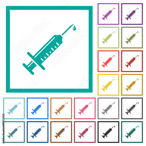 Syringe with drop flat color icons with quadrant frames