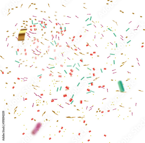 Golden and colorful Confetti on a transparent background. Vector illustration of flying confetti.