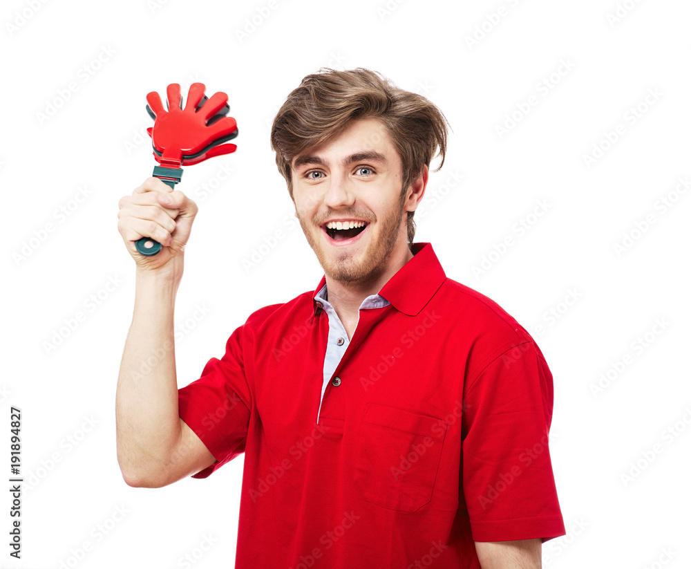 Football or soccer fan screaming with supporter attributes isolated on white