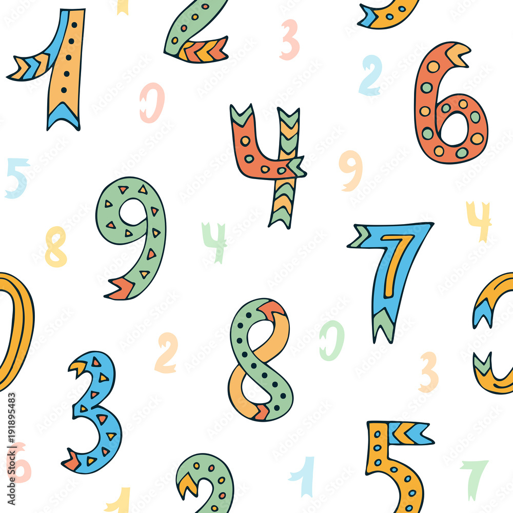 Seamless pattern with handwritten numbers on white background. Mathematical  background of cute colorful numbers for kids. Hand drawn vector  illustration for web, site, design, art, banner, poster, pri Stock Vector |  Adobe