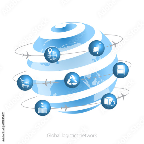 Global logistics network.  Planet Earth and logistics icons in the form of satellites.  Set icons transport and logistics. Flat design. Vector illustration EPS10.