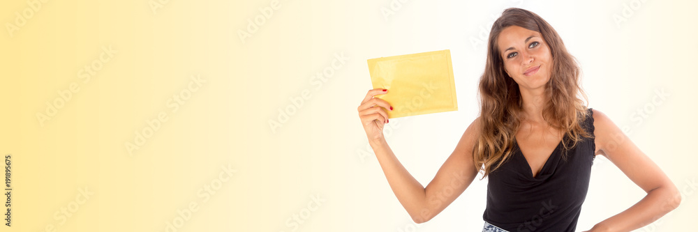 Pretty woman holding a blank envelope, isolated on white, customizable background Pretty woman holding a blank envelope, isolated on white, customizable background