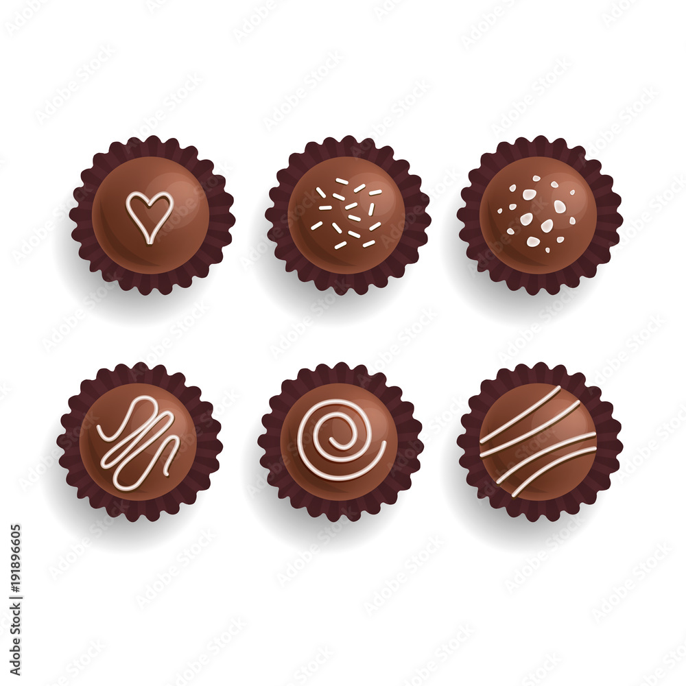 Chocolate cookies set. Sweet candies. Isolated on white. Vector. Top view. Chocolate cookies set. Sweet candies. Isolated on white. Vector. Top view.