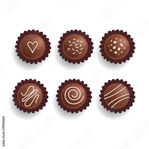 Chocolate cookies set. Sweet candies. Isolated on white. Vector. Top view.