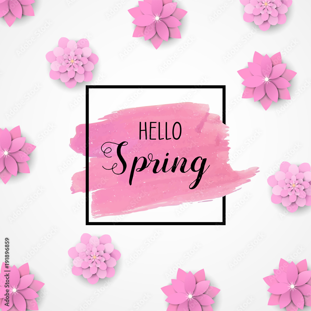 Hello Spring background with beautiful colorful flower. Vector illustration