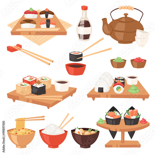 Japanese food vector eat sushi sashimi roll or nigiri and seafood with rice in Japan restaurant illustration Japanization cuisine with chopsticks set isolated on white background