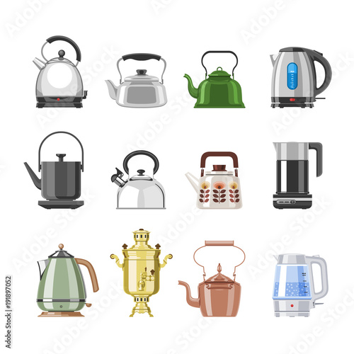 Teapot and kettle vector teakettle or samovar to drink tea on teatime and boiled coffee beverage in electric boiler in kitchen illustration kitchenware set isolated on white background
