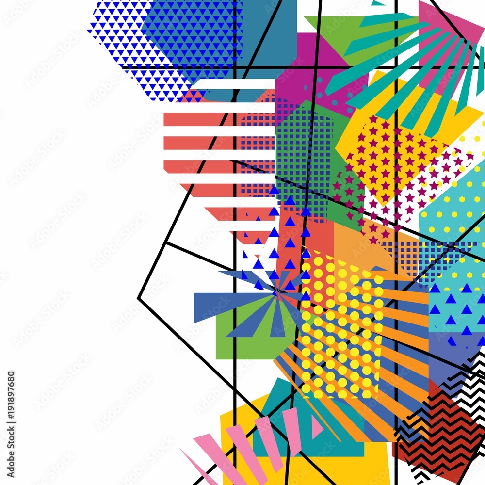 Fototapeta Colorful trendy geometric flat elements of pattern memphis. Pop art style texture. Modern abstract design poster and cover template