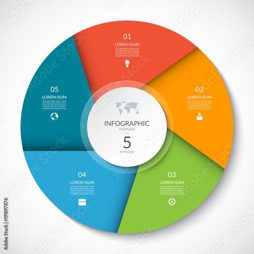 Circle chart for infographics. Vector diagram with 5 options. Can be used for graph, presentation, report, step options, web design.