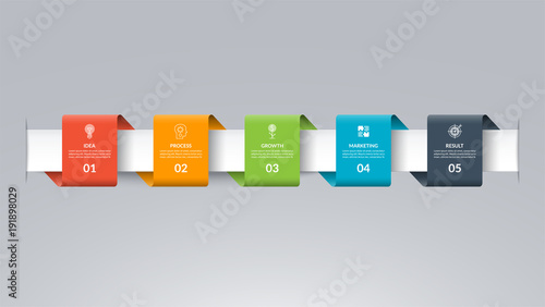 Infographic timeline template in the form of colored paper tapes. Vector banner with 5 options, steps, parts. Can be used for for web, workflow layout, time line, diagram, chart, graph