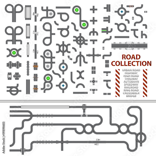 Mega collection of road junctions. Street road elements with bridge, crosswalk, ringroad, railroad, speedway, autobahn