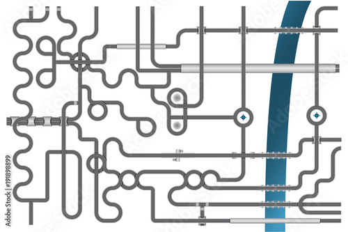 Vector illustration of high road junction with river. Road construction set
