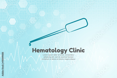 Vector illustration of medical pipette for hematology clinic. Blue medical background with structure molecule and heart beat