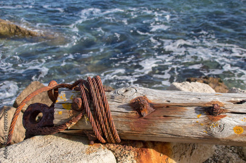 Rusted Wire on Log by Coast