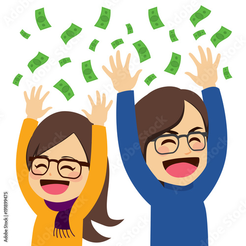Cute young happy wealthy couple throwing money celebrating success concept