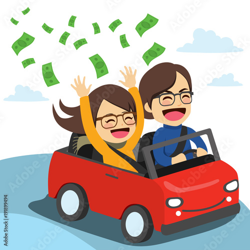Young happy rich couple riding on red convertible throwing dollar banknotes flying from car