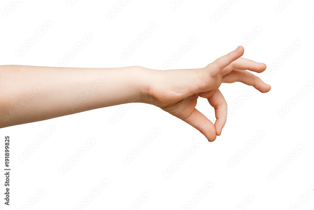 Kid hand making grab some items isolated on white Kid hand making grab some items isolated on white