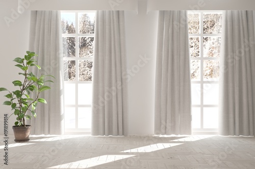 White empty room with winter landscape in window. Scandinavian interior design. 3D illustration