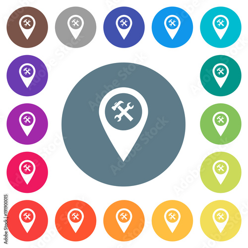 Workshop service GPS map location flat white icons on round color backgrounds