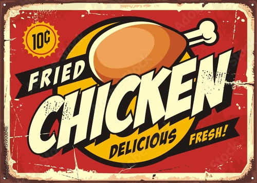 Comic style retro sign design with chicken drumstick on red background.