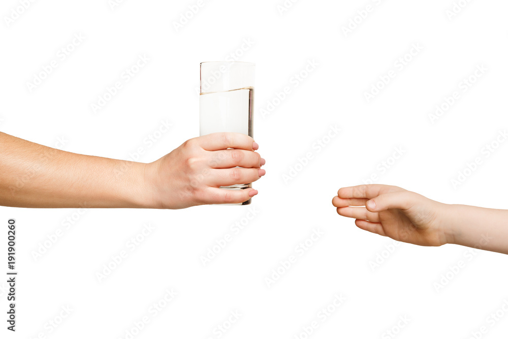 Woman giving glass of water to kid, isolated Woman giving glass of water to kid, isolated