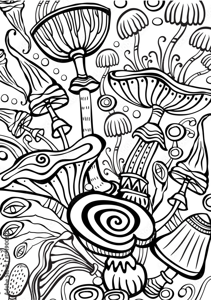 Mushrooms Coloring antistress book page Mushrooms Coloring antistress book page