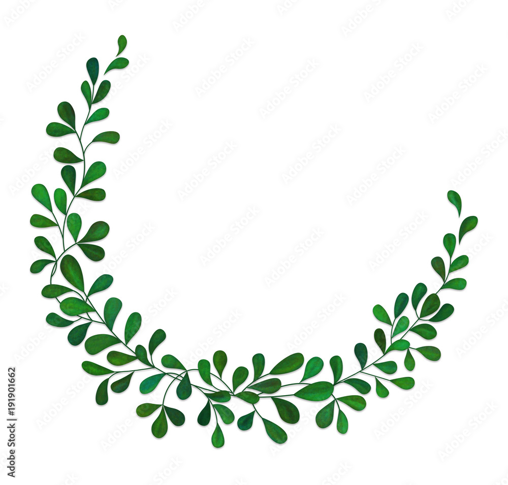 Illustrated green wreath with leaves on white background
