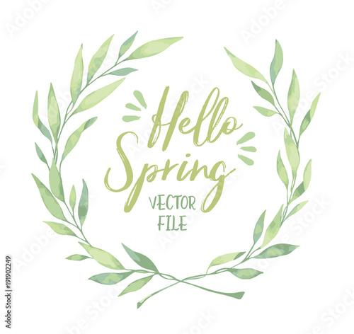 Vector watercolor illustration. Hello spring! Laurel Wreath. Floral design elements. Perfect for wedding invitations, greeting cards, blogs, logos, prints and more