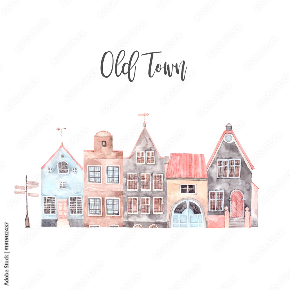 Watercolor illustration. Old town city. Cityscape - houses, buildings, pointer. Estonia, Tallinn. Perfect for invitations, greeting cards, posters, prints, packing etc