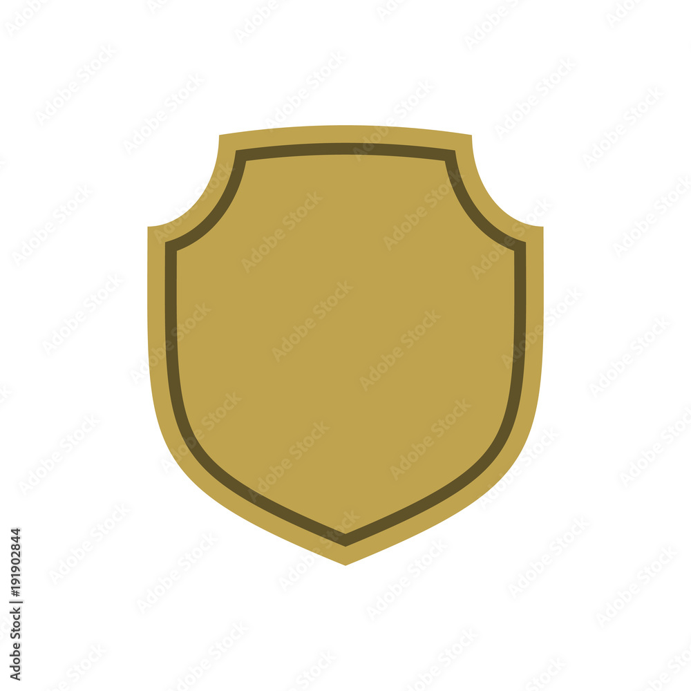 Shield shape gold icon. Simple flat logo on white background. Symbol of security, protection, safety, strong. Element badge for protect design emblem decoration. Vector illustration Shield shape gold icon. Simple flat logo on white background. Symbol of security, protection, safety, strong. Element badge for protect design emblem decoration. Vector illustration