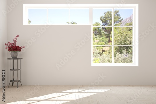 White empty room with summer landscape in window. Scandinavian interior design. 3D illustration