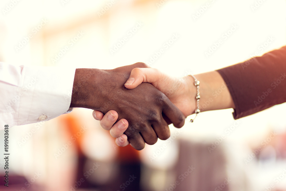 Closeup of White and Black shaking hands over a deal Closeup of White and Black shaking hands over a deal