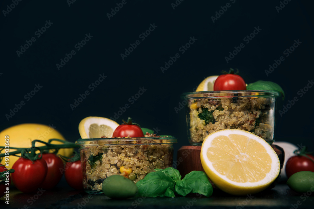 Vegan salad of vegetables, mushrooms and quinoa. Vegan salad of vegetables, mushrooms and quinoa.
