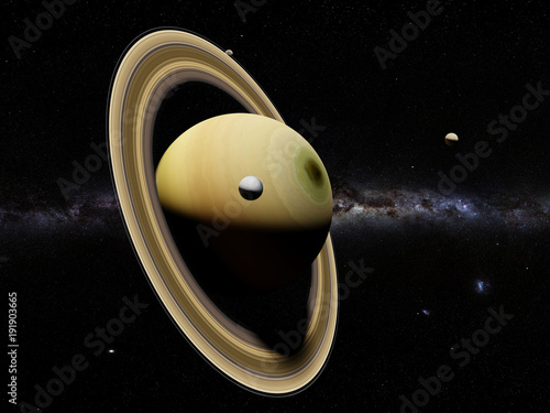 Fototapeta Naklejka Na Ścianę i Meble -  Saturn's moon Enceladus in front of planet Saturn, other moons and the Milky Way galaxy 