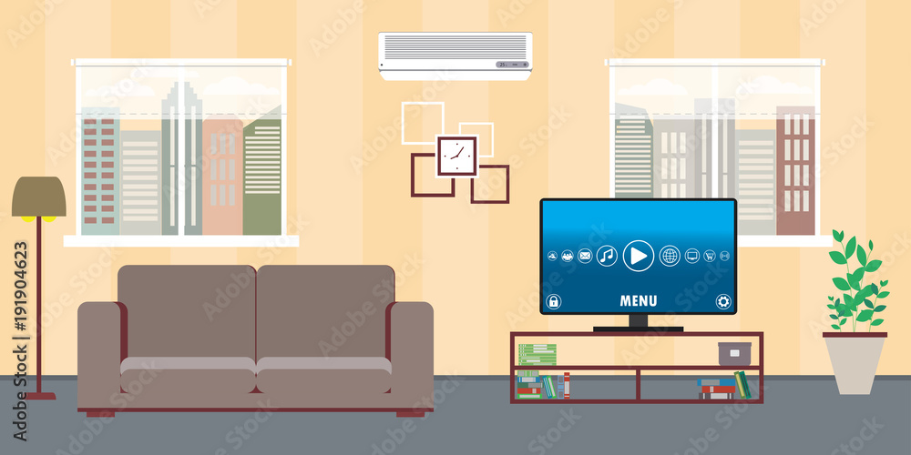 Fototapeta premium Living room home interior with two windows,sofa,tv and air conditioning